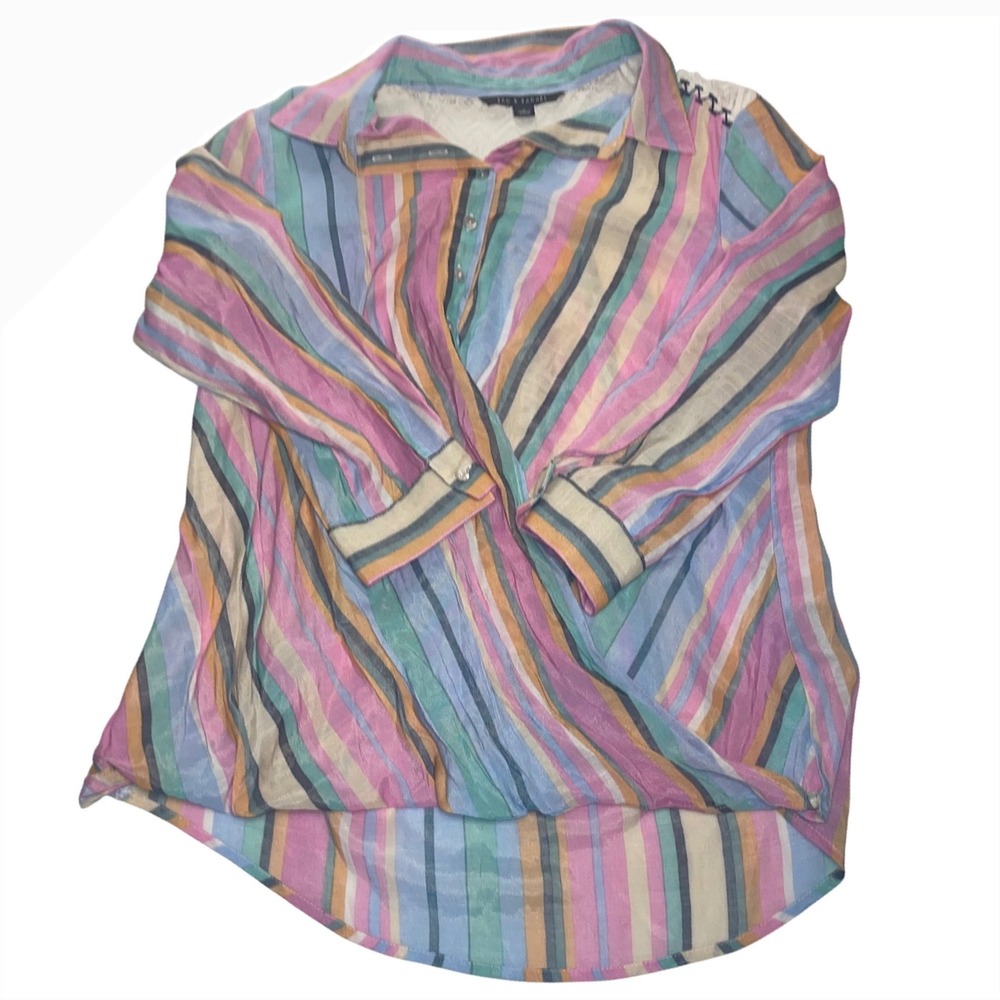 Zac Rachel Small Pastel‎ Stripe Lace Blouse Coastal Chic Cottagecore Fairy Soft